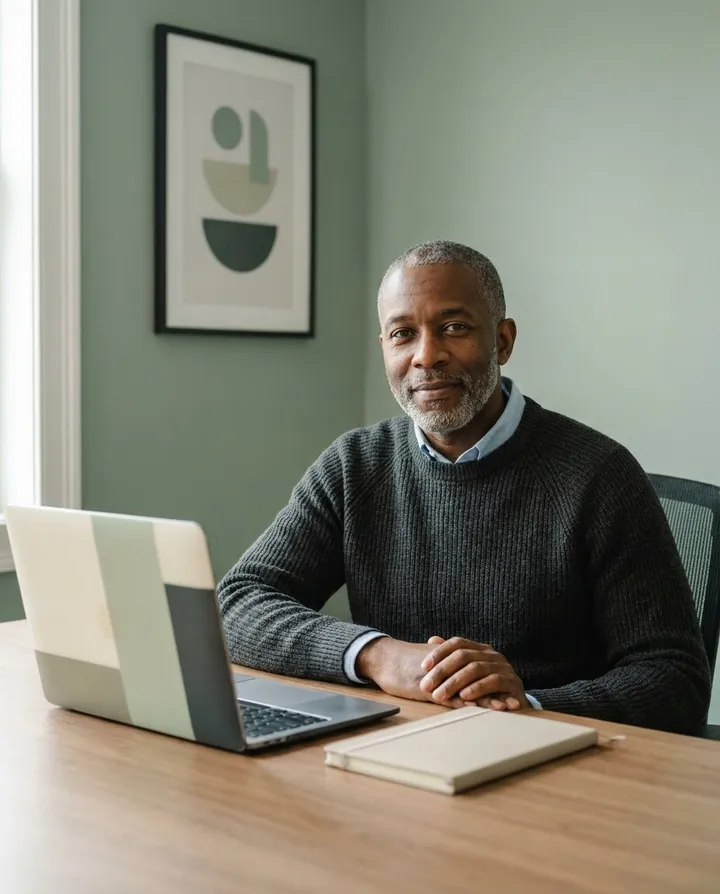 Agency owner at his desk, calm and confident