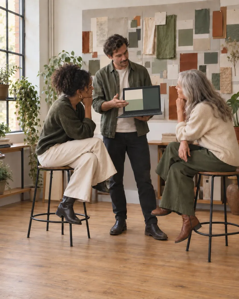 Agency designer presenting a laptop to two colleagues
