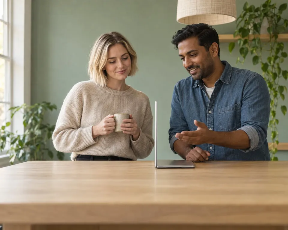 Two colleagues agreeing on priorities at a laptop