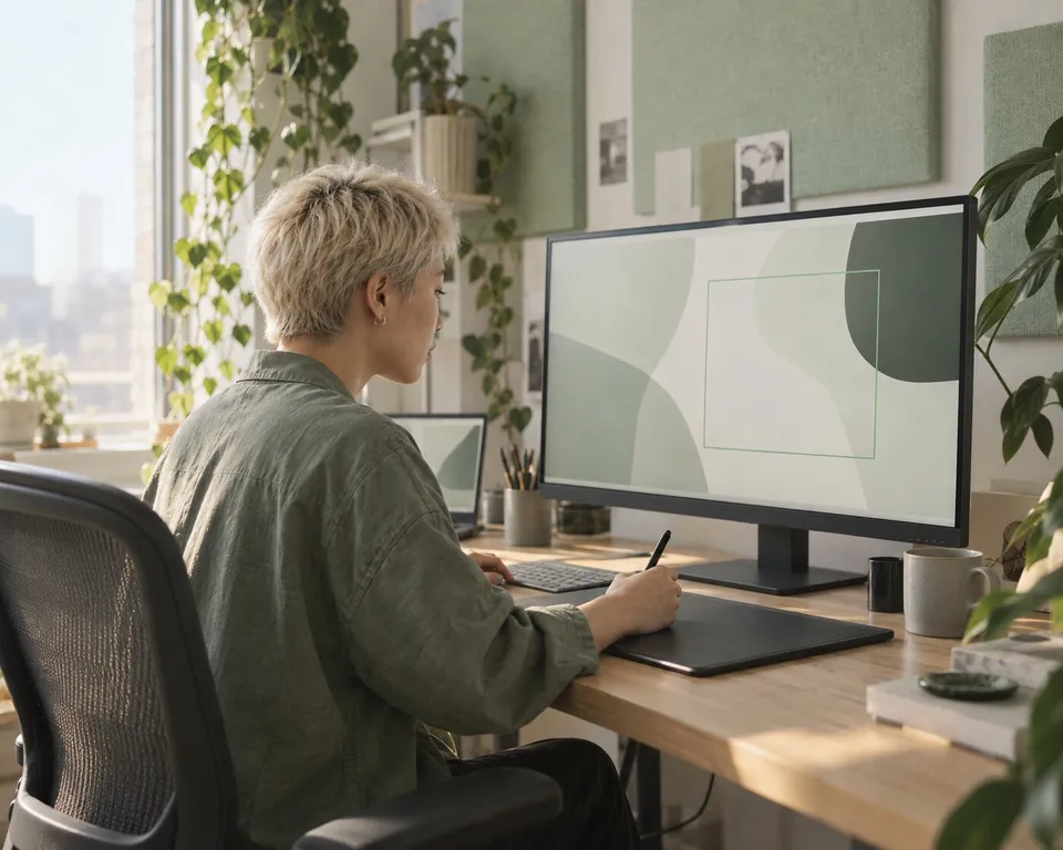 Designer drawing on a graphics tablet at a large monitor