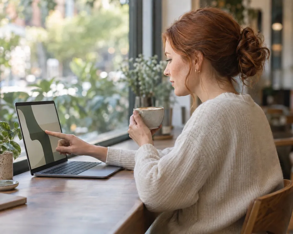Marketing manager tapping a spot on her laptop screen in a cafe