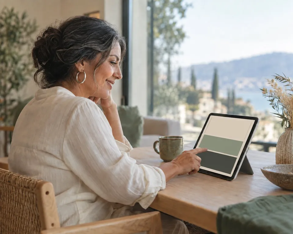 Client smiling while reviewing her website on a tablet