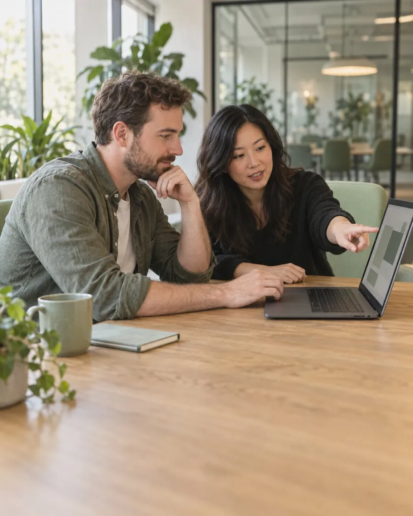 Two product team members pairing at a laptop