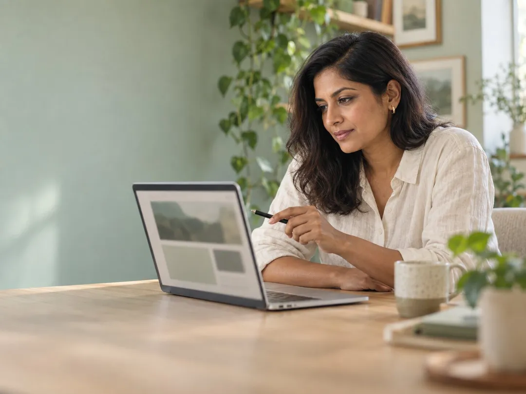 Marketing director reviewing her website on a laptop