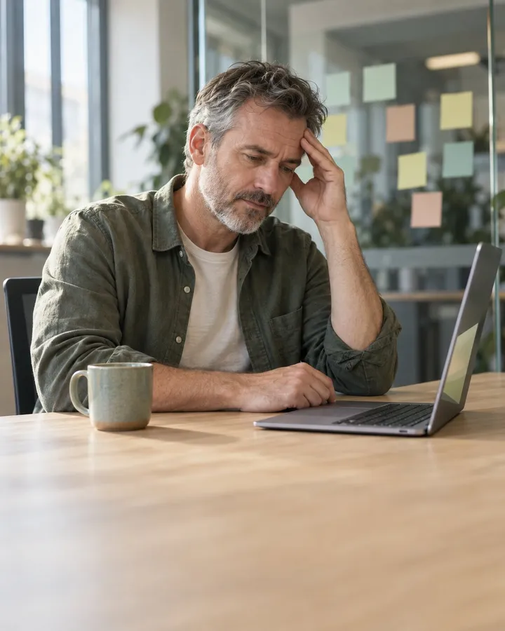 Project lead looking tired at a laptop in front of blank sticky notes